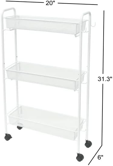 3 Tier Slim Rolling Storage Cart for Narrow Spaces, Metal Utility Organizer with Mesh Baskets, Lockable Wheels, Hanging Hooks, Rust-Resistant Finish for Bathroom, Laundry Room, Kitchen, White