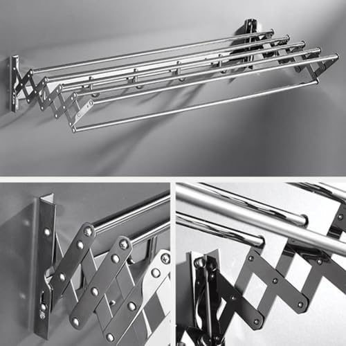 Stainless Steel Wall Mounted Towel Rack Clothes Airer Laundry Drying Rack Folding Adjustable Collapsible Space Saver Dryer Bath Towel Rail Bar with Hooks(Size:60cm)
