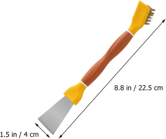 Multipurpose Kitchen Cleaning Brush with Stiff Bristles and Double-Ended Stainless Steel Scraper, Heavy-Duty Stove Cleaner for Gas Burners and Refrigerator Defrosting, Yellow