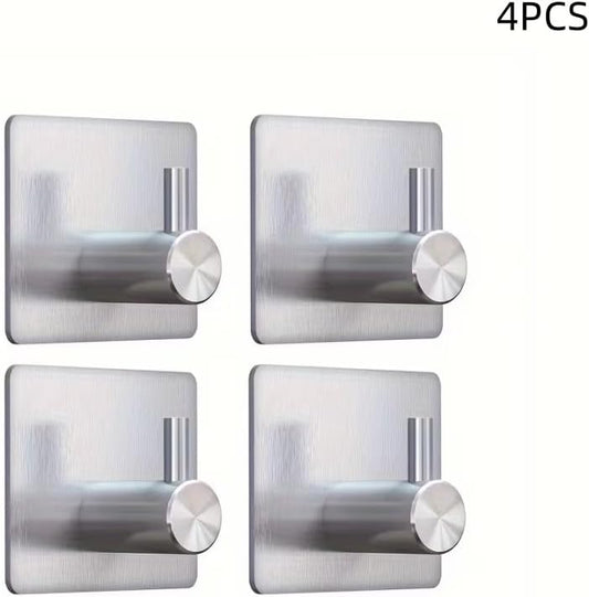 4pcs, Adhesive Heavy Duty Wall Hooks, Waterproof Stainless Steel Hooks, Wall Mount, Silvery