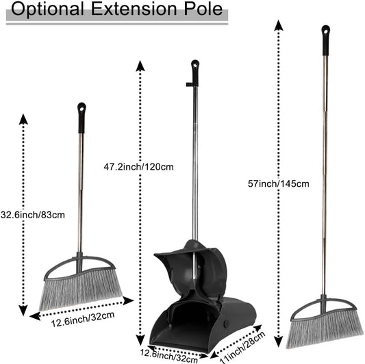 Long Handle Heavy Duty Broom and Dustpan Set, Outdoor and Commercial Upright Dustpan and Brush for Restaurant Garage Garden Yard Office,Black