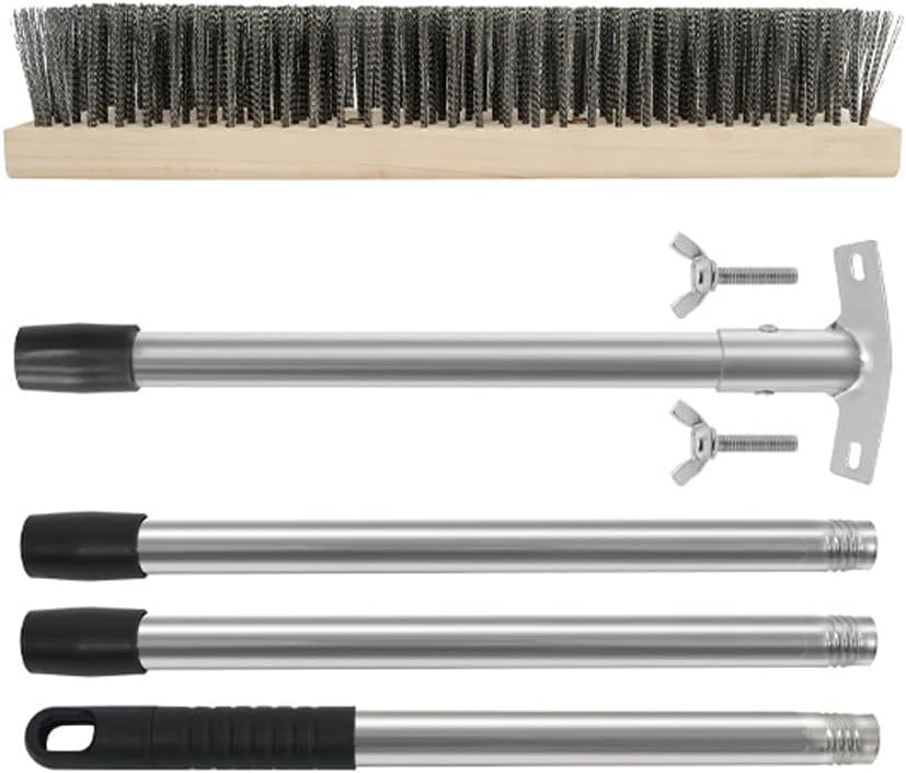 Heavy Duty Floor Scrubber,Deck Brush with Long Handle,56L''×12W Stainless Steel Wire Scrub Brush, Stiff Metal Bristle Scrubber Broom for Deck, Concrete, Patio Floor Cleaning Moss Removal