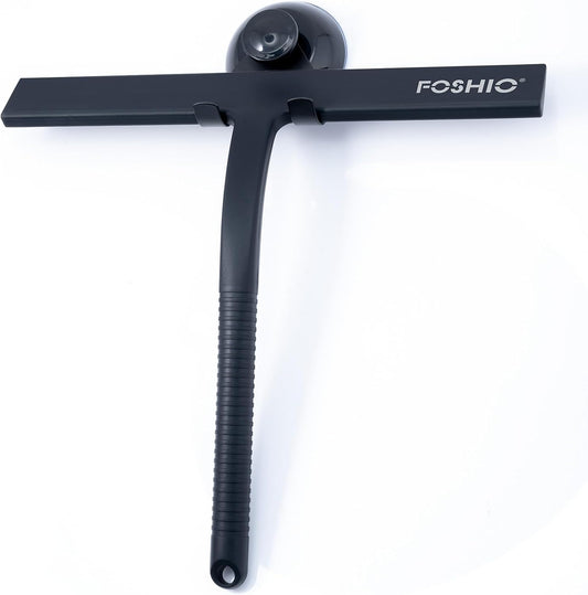 FOSHIO Shower Squeegee for Glass Doors with Suction Cup, Silicone Squeegee for Window Cleaning, Small Squeegee for Shower Glass Door, Window Squeegee with Stainless Steel Non-Slip Handle (Black)