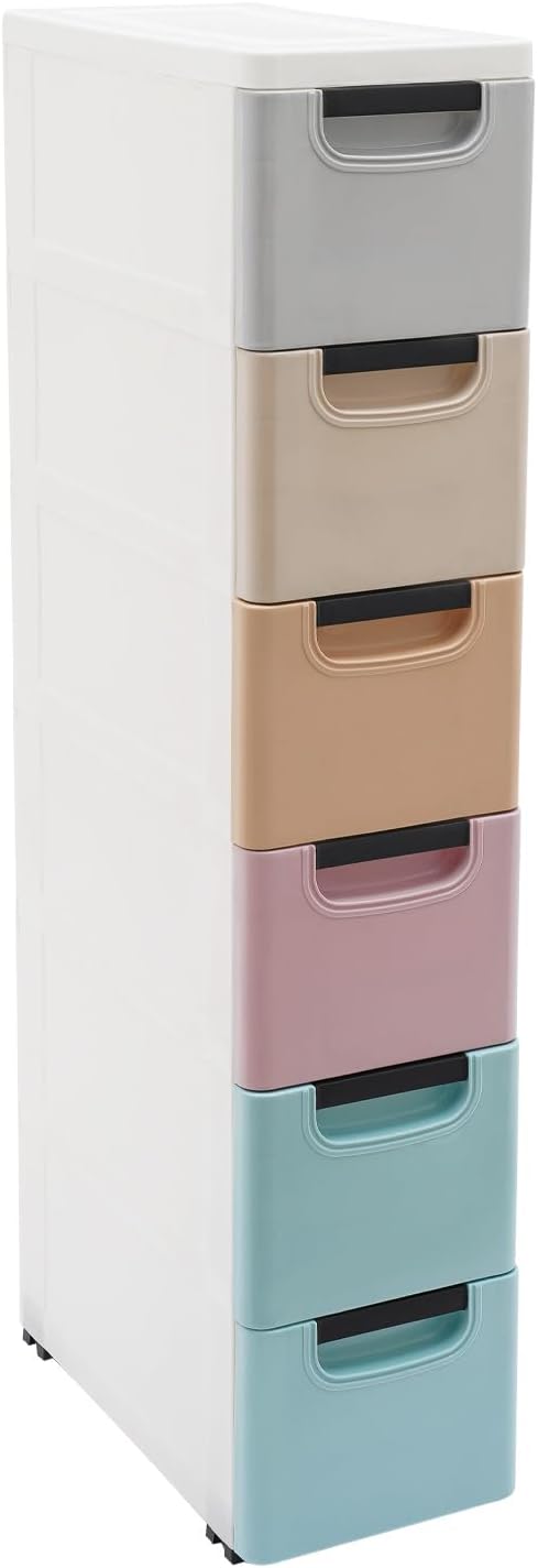 6 Drawers Narrow Storage Cabinet, Slim Rolling Cabinet with Wheels 77.16lbs Loading Capacity, Mobile Utility Cart with Drawers for Small Spaces Living Room Bedroom Office 15.7x7.9x39.4in (Multicolor)