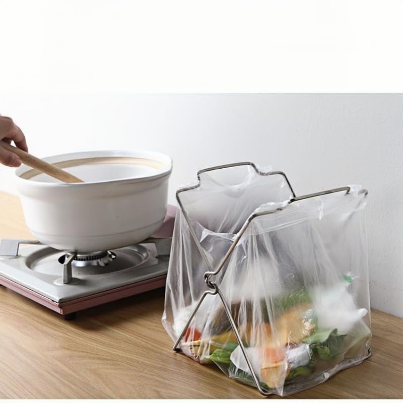 Tabletop Trash Bag Holder-Folding Stainless Steel Trash Bag Holder 11" Garbage Storage Metal Bracket for Countertop,Kitchen,Waste,Living Room,Dining Room,Bar Counter,Indoor Outdoor (Sliver)