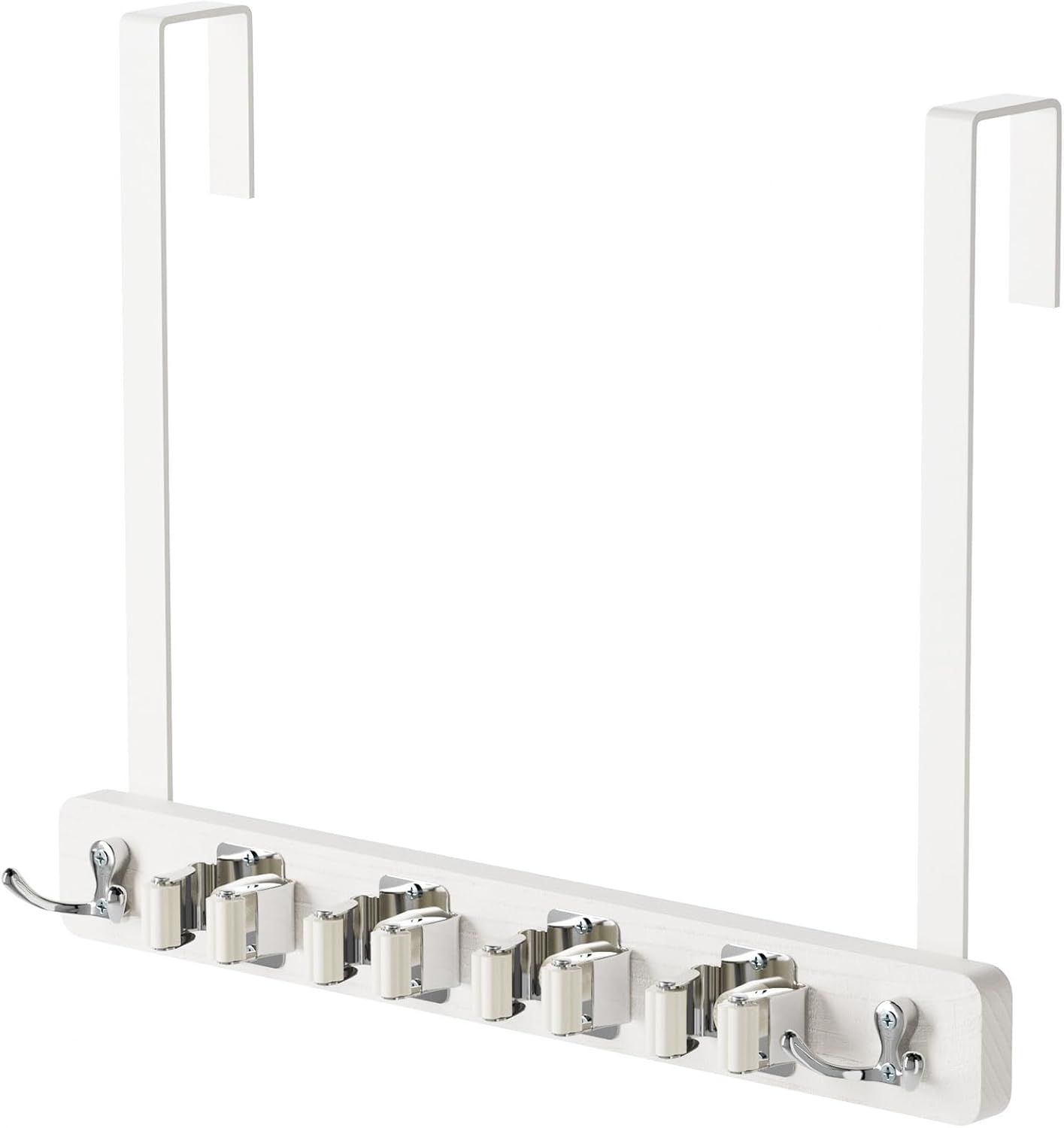 Mop and Broom Holder Wall Mount, No Drill Over the Door Broom and Mop Holder with 4 Slots and 4 Hooks, Wood Tool Hanger for Laundry, Cabinet, Kitchen, Garage