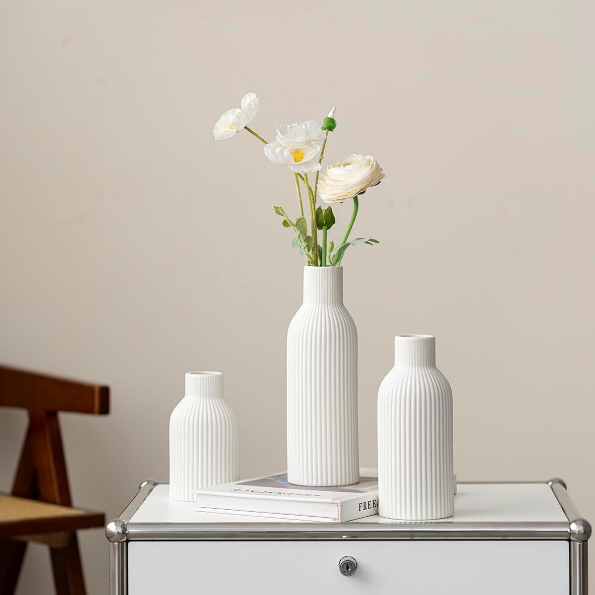 Modern Ceramic Vases Set of 3, Coffee Table Ribbed Decorative Vases, Shelf Table Centerpiece for Home Decor (Coffee Mix)
