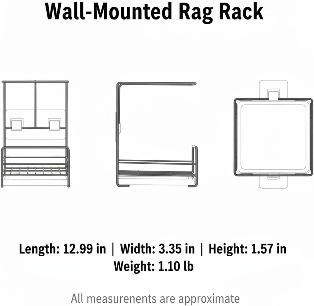 Wall-Mounted Kitchen Rag Rack, Carbon Steel Sponge & Cloth Holder for Sink Side Organization, Space-Saving Drying Rack (Black/White)