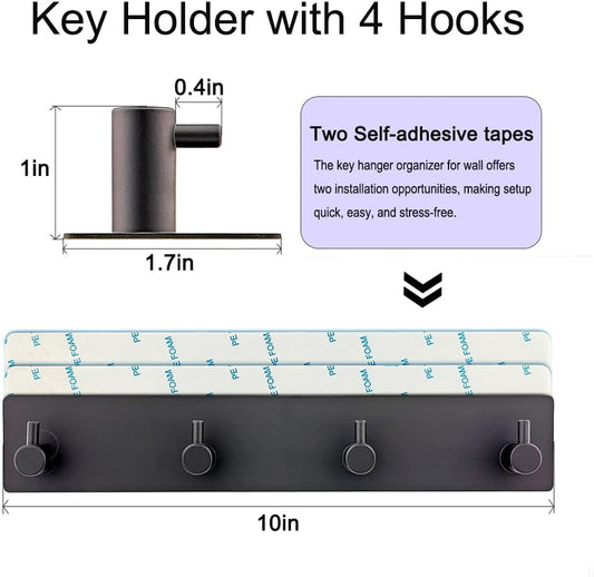 StrugDeas Key Holder for Wall with 2 Self-Adhesive Tapes, Key Hanger Organizer for Wall with 4 Hooks,Metal Key Rack for Door, Entryway, Kitchen Bathroom(Black)