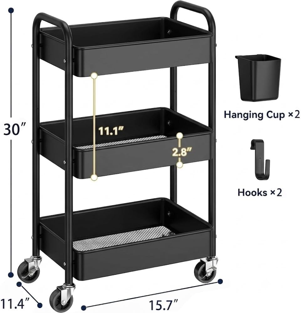 3-Tier Metal Rolling Cart, Slim Gap Space-Saver Organizer for Craft & Office