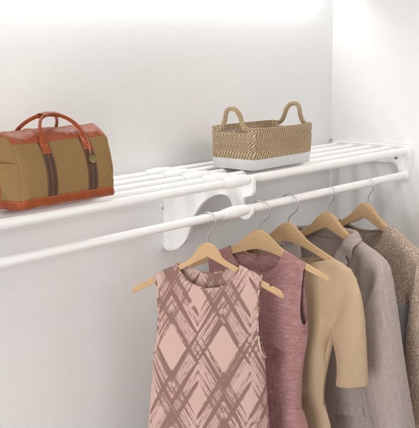 EZ SHELF- Closet Shelf with Hanging Rod, Expands 40.5-73", White, Closet Shelves Hold 200 lbs, Easy Install Closet Organizer to 2 Side Walls, Alternate for Closet Wire Shelving & Laundry Room Shelves