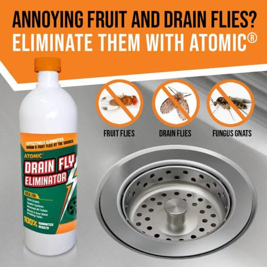 Generic Atomic Fruit and Drain Fly Treatment. Eliminates Drain, Sewer and Fruit Flies in All Drain Pipes, Sinks and Black Water Holding Tanks. 1 Gallon Concentrate.