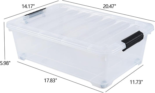 4 Pack 20 L Under Bed Plastic Latch Storage Totes with Wheels, Clear | Clear Under Bed Containers, Stackable Plastic Storage Bin with Lids for Garage, Closet, and Classroom