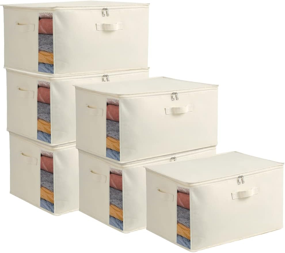3-Pack Large Canvas Comforter Storage Bags for Clothes Sweater Clothes Organizer with Dual Zipper Three Carrying Handles for Blanket Closet Storage Container
