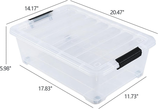 4-Pack 20 Quart Clear Under Bed Plastic Storage Bins with Wheels | Under Bed Storage Box, Locking Latch Lid, Easy-Glide Wheels, for Bedroom, Bathroom, Garage, and Office Organization
