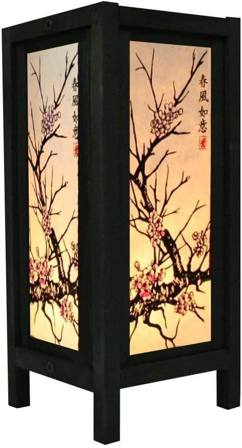 RED BERRY THAILAND LANNA LAMP-Cherry Blossom Japanese Oriental Lamp, Handmade 11" Wood Table Lamp, Asian Vintage Lighting for Home Décor GW45