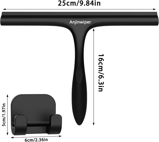 Household Squeegee for Shower Glass Doors, Silicone Shower Squeegee with Adhesive Hook, Bathroom Squeegee for Shower, Window Cleaner Tool for Glass Door, Kitchen, Tile Wall(10 inch-Black)