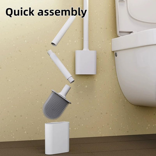 Silicone Toilet Brush with Wall-Mounted Holder - No Dead Corners, Quick-Drying, Drill-Free Bathroom Cleaner (White Square)