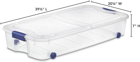 66 Quart Large Capacity Underbed Storage Container with Wheels & Lid | Clear Plastic Rolling Storage Bin for Bedroom, Closet Organization | 39.5” Design for Blankets, Seasonal Clothing & Holiday Decor