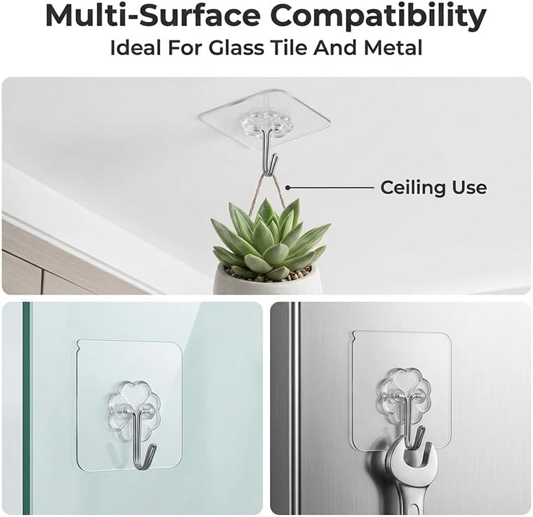10pcs Heavy Duty Wall Hooks, Adhesive Hooks for Hanging, Waterproof and Oilproof Sticky Hooks, Transparent Self Adhesive Hooks for Bathroom Kitchen Door