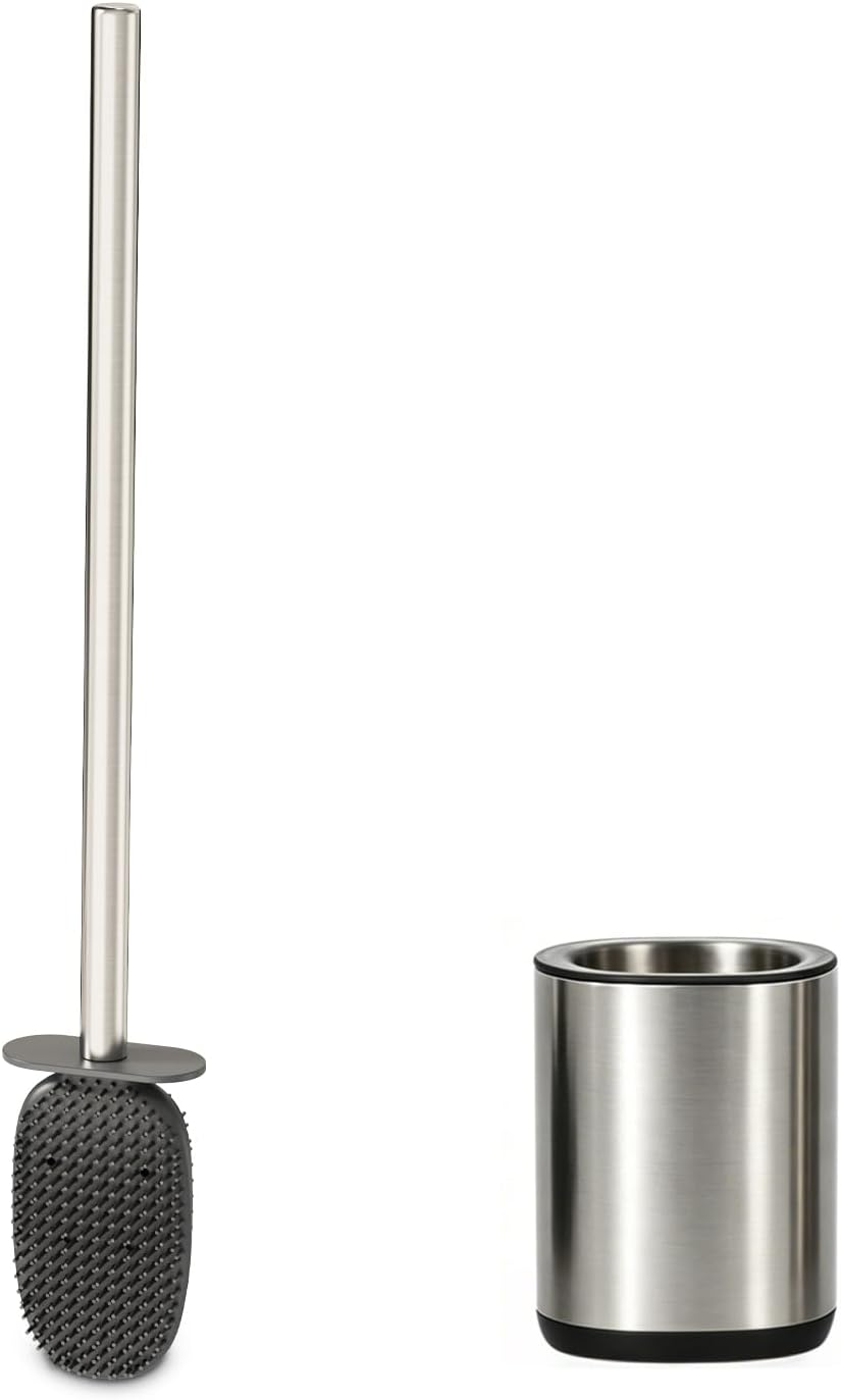 Sineng Silicone Toilet Brush and Holder Set, Stainless Steel Toilet Cleaning Brush, One-Piece Long Handle, Flexible Compact Modern RV Toilet Bowl Brush for Bathroom
