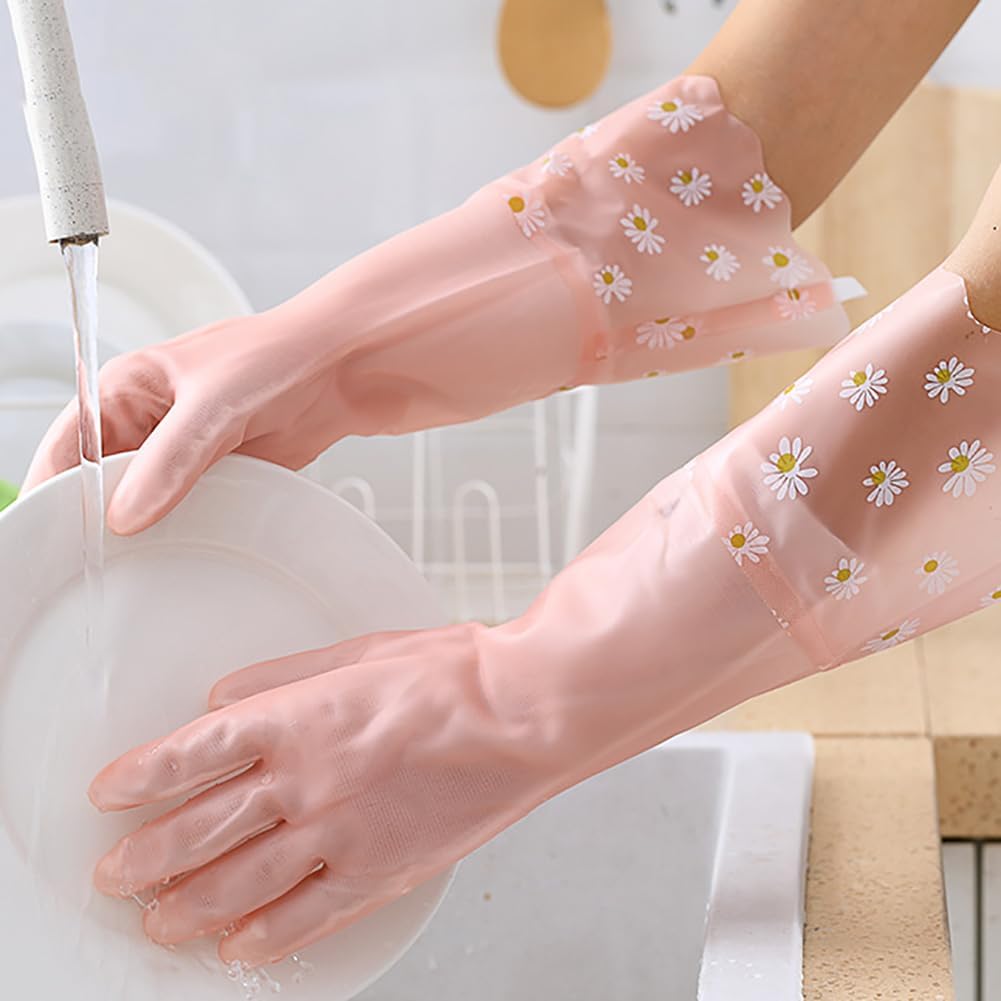 2 Pairs Daisy Flower Dishwashing Gloves Rubber Cleaning Gloves Kitchen Work Gloves Long Cuff Waterproof Gloves Gardening Household Gloves Reusable Dish Washing Gloves for Laundry