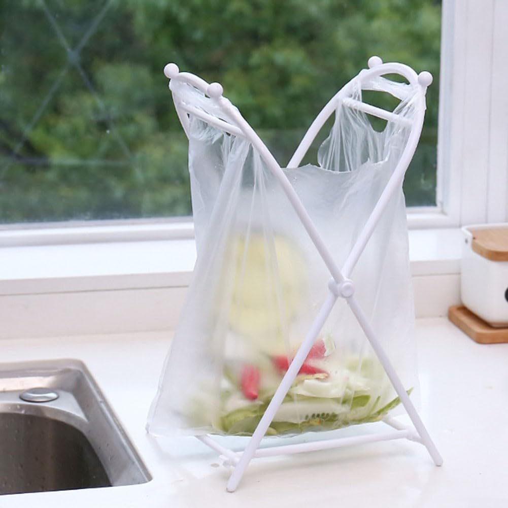 Trash Bag Stand, Foldable Trash Bag Holder Kitchen Trash Bag Rack Indoor Outdoor Trash Can Stand for Kitchen, Camping, Picnic (White)