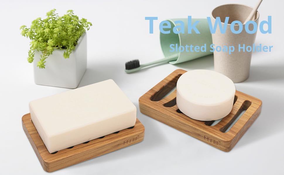 HTB Slotted Bar Soap Holder Teak Wood,Sponge Holder for Kitchen Sink | Self Draining Soap Dish for Shower, Bathroom, Bathtub, RV,Soap Saver Keep Soap Dry,Extend Soap Life,Bathroom Accessories