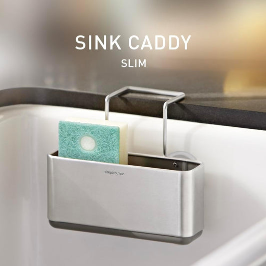 simplehuman Sink Caddy, Sponge Holder for Kitchen Sink with Compartment Dividers, 4 Suction Cups & Wire Ledge Hanger for Secure Mount, Vented Base for Fast Drying, Brushed Stainless Steel