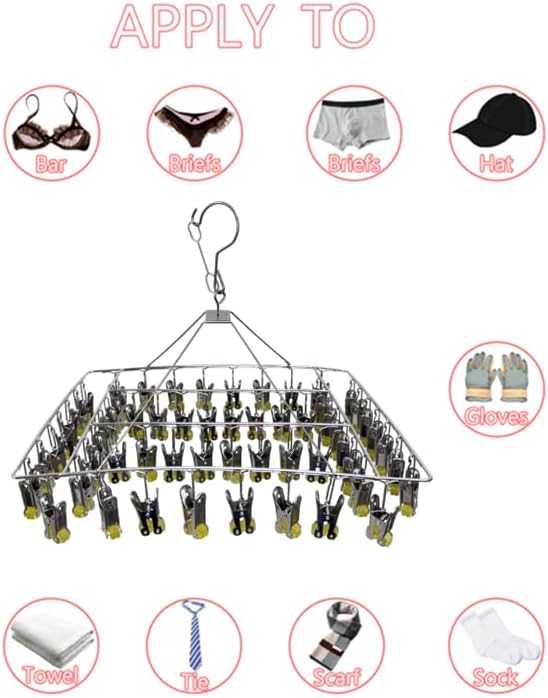Quick Release Stainless Steel Laundry Drying Rack with Clips, Swivel Hook Wind-Proof Clothes Hanger Rack for Sock, Bras, Underwear, Laundry (Rectangle 30 Clips)