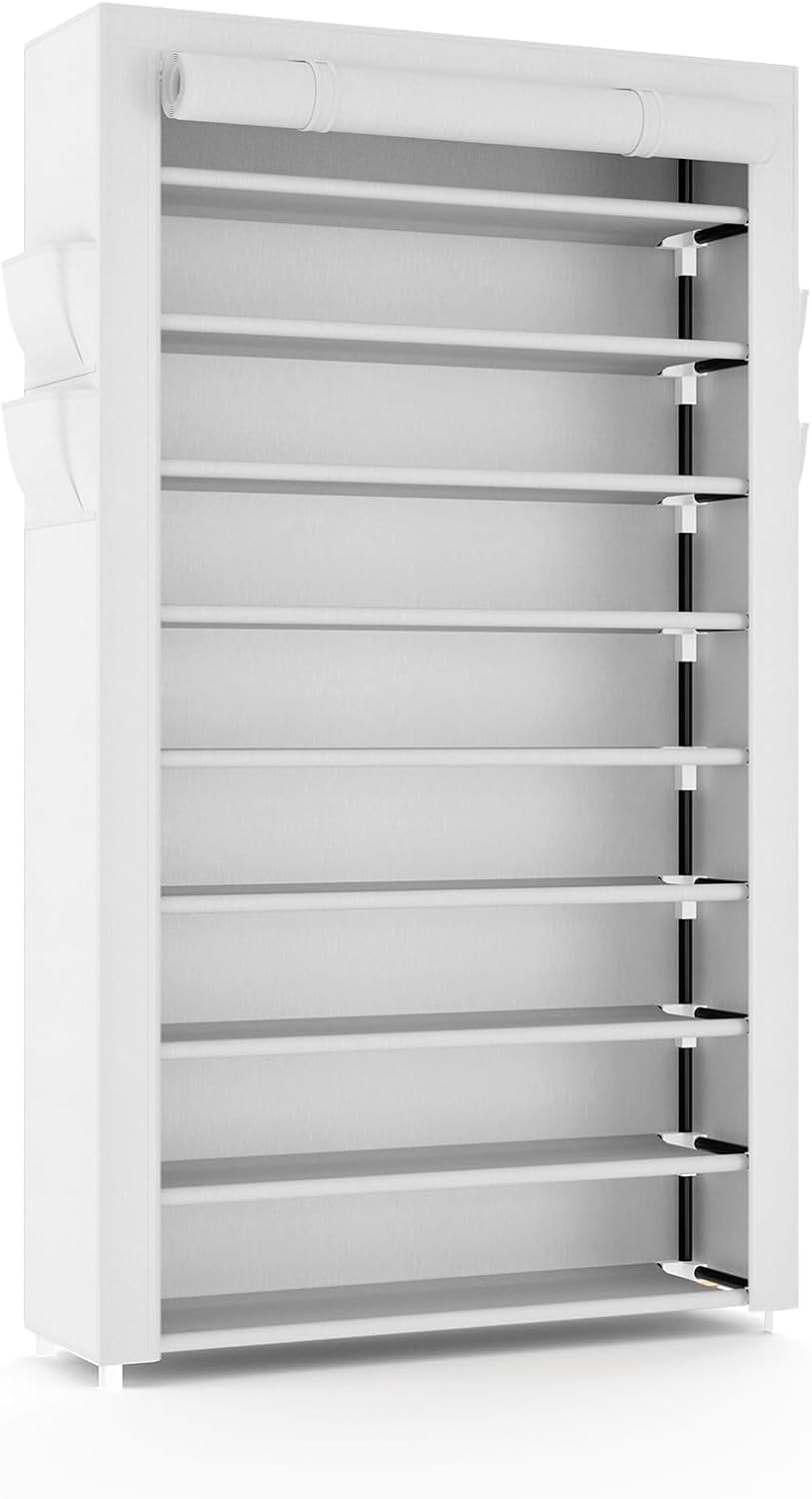 VILICK Shoe Rack with Cover Narrow Shoe Organizer with 4 Side Pockets 10 Tier Tall Shoe Storage Holds 18-22 Pairs Shoes and Boots Shoe Rack for Closet Entryway Garage