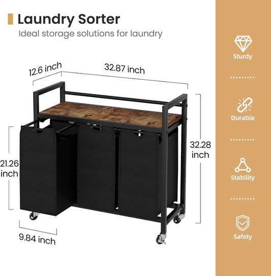 SwaaVee Laundry Sorter, Laundry Hamper 3 Section, 3×11.4Gal, Metal Frame Rolling Laundry Basket with Wooden Top Shelf, Pull out and Removable Laundry Bags, 3 Bags-Gray