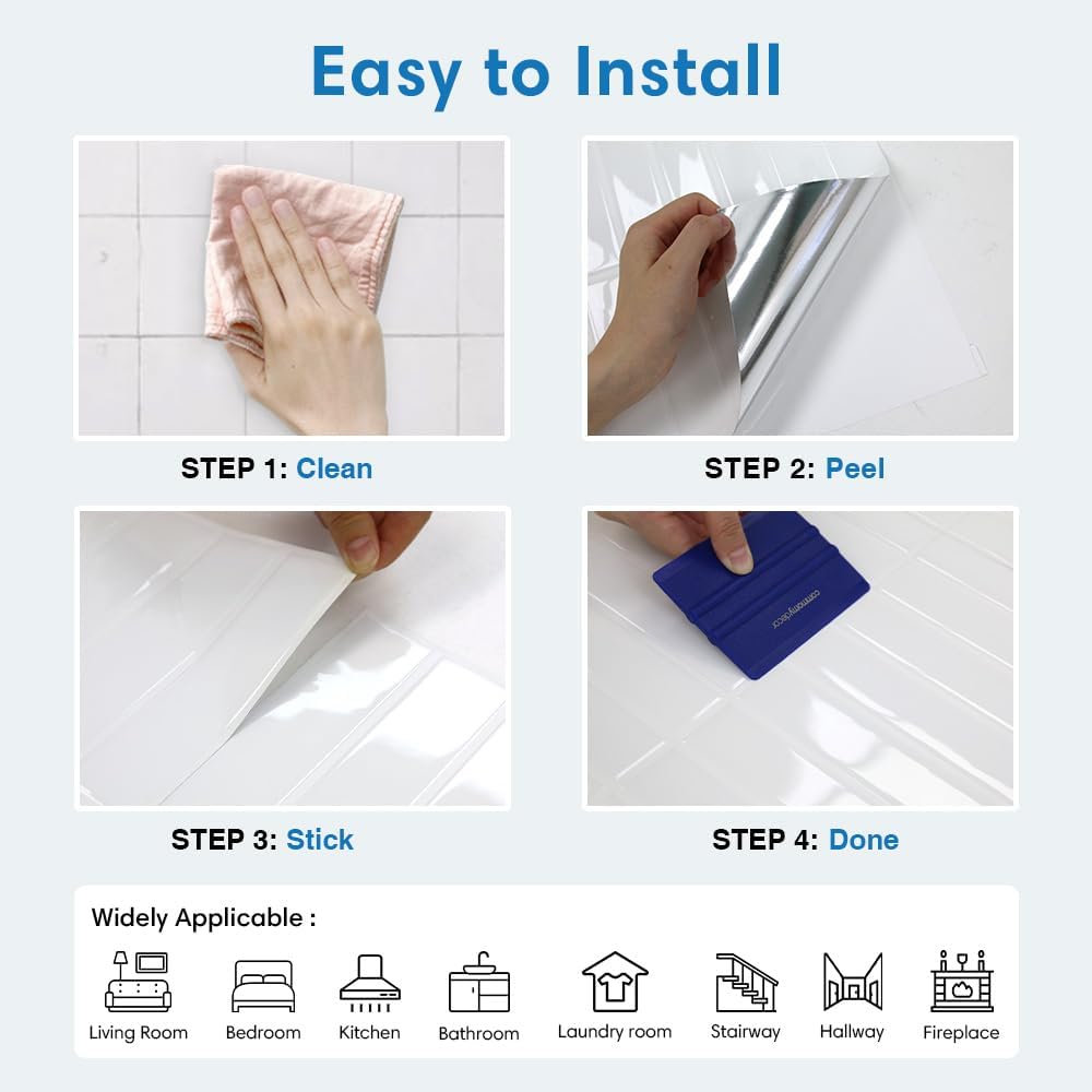 COMSTICKC Pure White Peel and Stick Backsplash,10 Pcs 12''x12'',Glossy White Peel and Stick Tiles Stickers Vinyl Backsplash Kitchen Bathroom,Waterproof,Removable