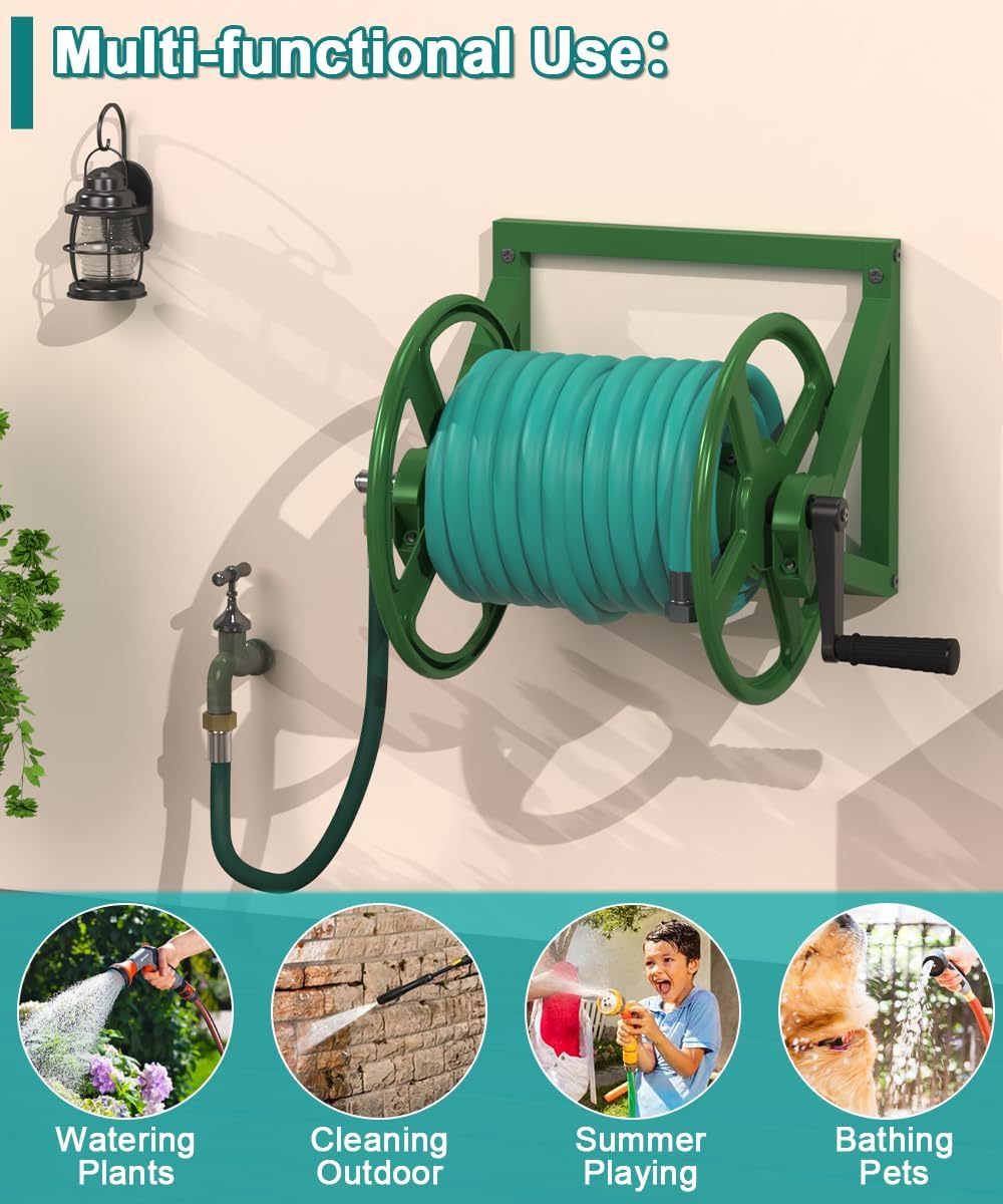 Artigarden Garden Hose Reel Wall Mounted, Outdoor Heavy Duty Powder Coated Metal Water Hoses Holder Winder Holds 125 ft 5/8" Hoses with 3.9ft Leader Hose, Stainless Steel Connector for Outside, Black