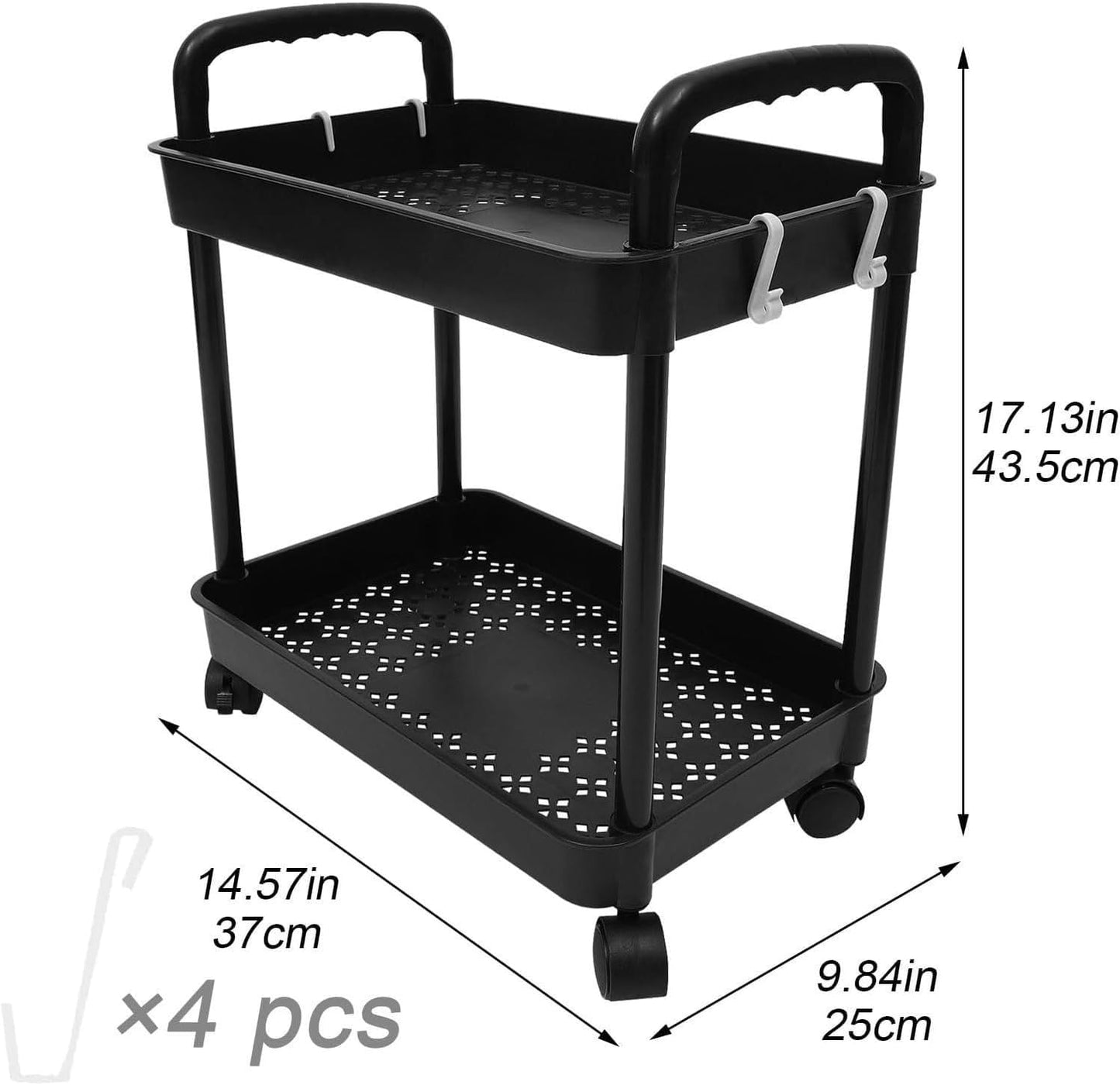 2-Tier Black Rolling Storage Cart with 4 Hanging Hooks - Slim Mobile Utility Cart Organizer, Compact Multi-Functional Narrow Rolling Shelf Rack on Wheels for Kitchen, Bathroom, Laundry Room, Office