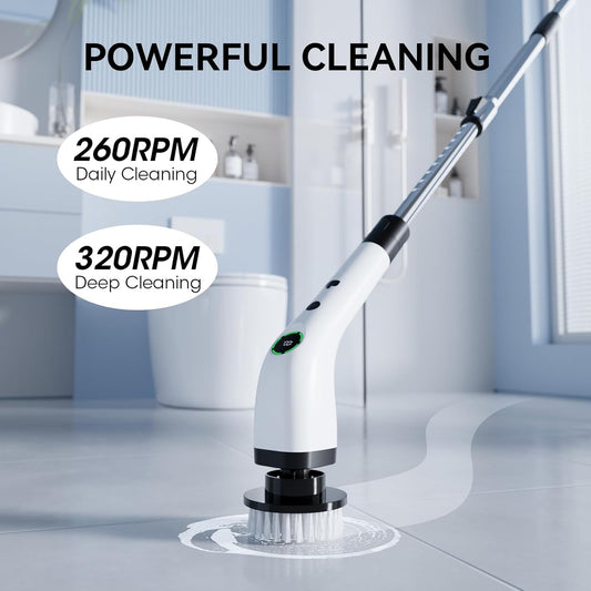 Electric Spin Scrubber, Cordless Cleaning Brush Scrubber with Battery LCD Display for Bathroom, Kitchen and Home, Adjustable Extension Handle, Full Body Waterproof IPX7, 8 Replaceable Brush Heads