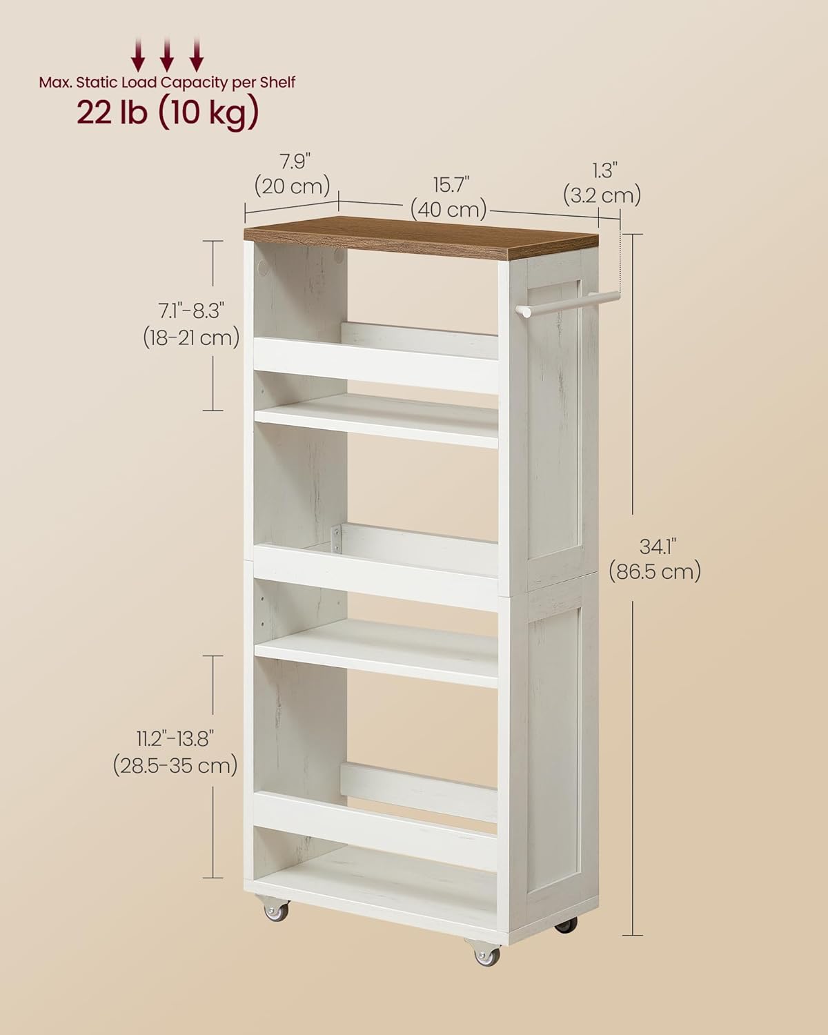 VASAGLE 4-Tier Slide-Out Storage Cart, Slim Kitchen Cart for Small Spaces, with Wheels, Handle, Bathroom, Laundry Room, 5.9 x 17 x 34.1 Inches, Rustic White and Honey Brown ULRC050K01