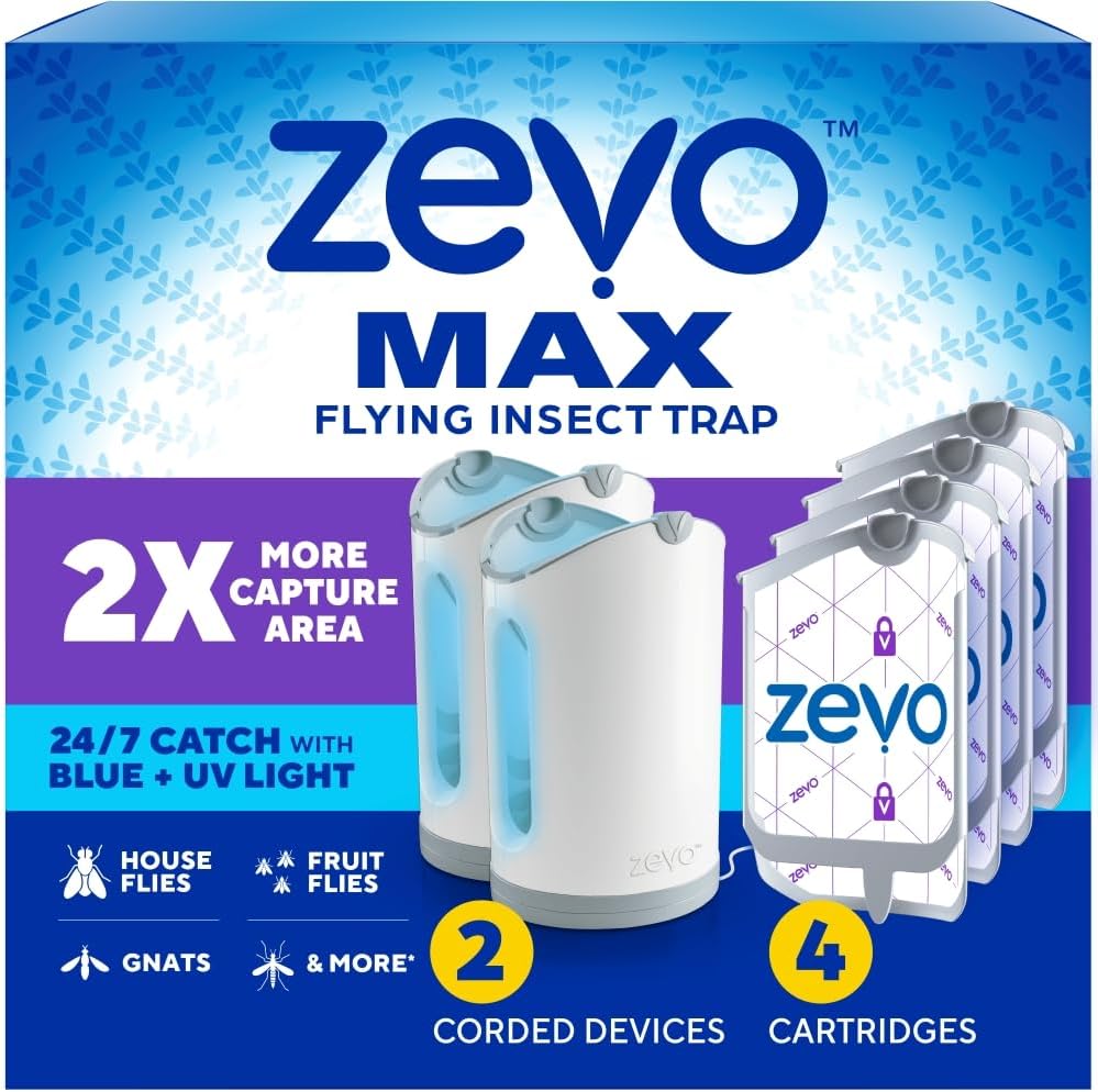 Zevo MAX Bug Catcher & Fly Trap for Indoors - Flying Insect Trap for Gnats, House & Fruit Flies - Use in Any Room - No-Mess Disposal (1 Plug in Base & 2 Cartridges)