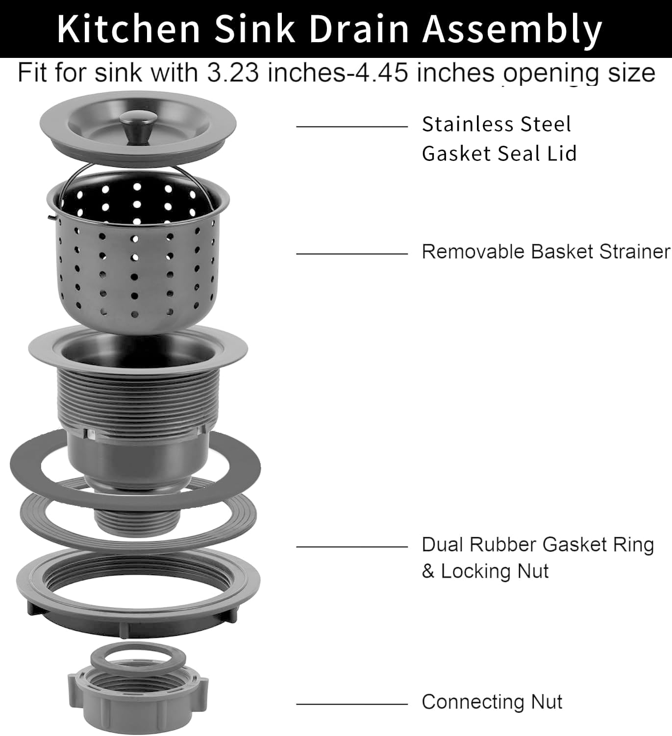 Kitchen Sink Drain Assembly Kit, 3-1/2 Inch Brushed 304 Stainless Steel Basket Strainer with Deep Removable Basket, Stopper & Cover Lid, Fits Standard Kitchen Sinks