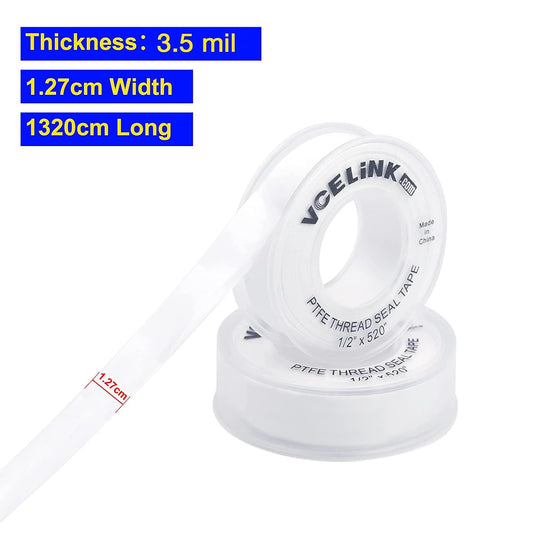 VCELINK PTFE Plumbers Tape 2-Pack, Industrial Water Sealant Thread Tape, 520" Length, 1/2" Width, 3.5 mil Thick, Plumbing Teflon Tape for Shower Head and Pipe Thread, White