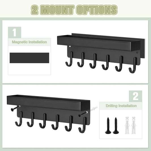 VIS'V Key Holder Wall Mount, Magnetic Key Rack with Tray, 6 Hooks, Black | 2 Mount Options, Metal Material, Compact Discreet Design, for Fridge, Kitchen, Entryway, Hallway, Doorway, Garage, Camper