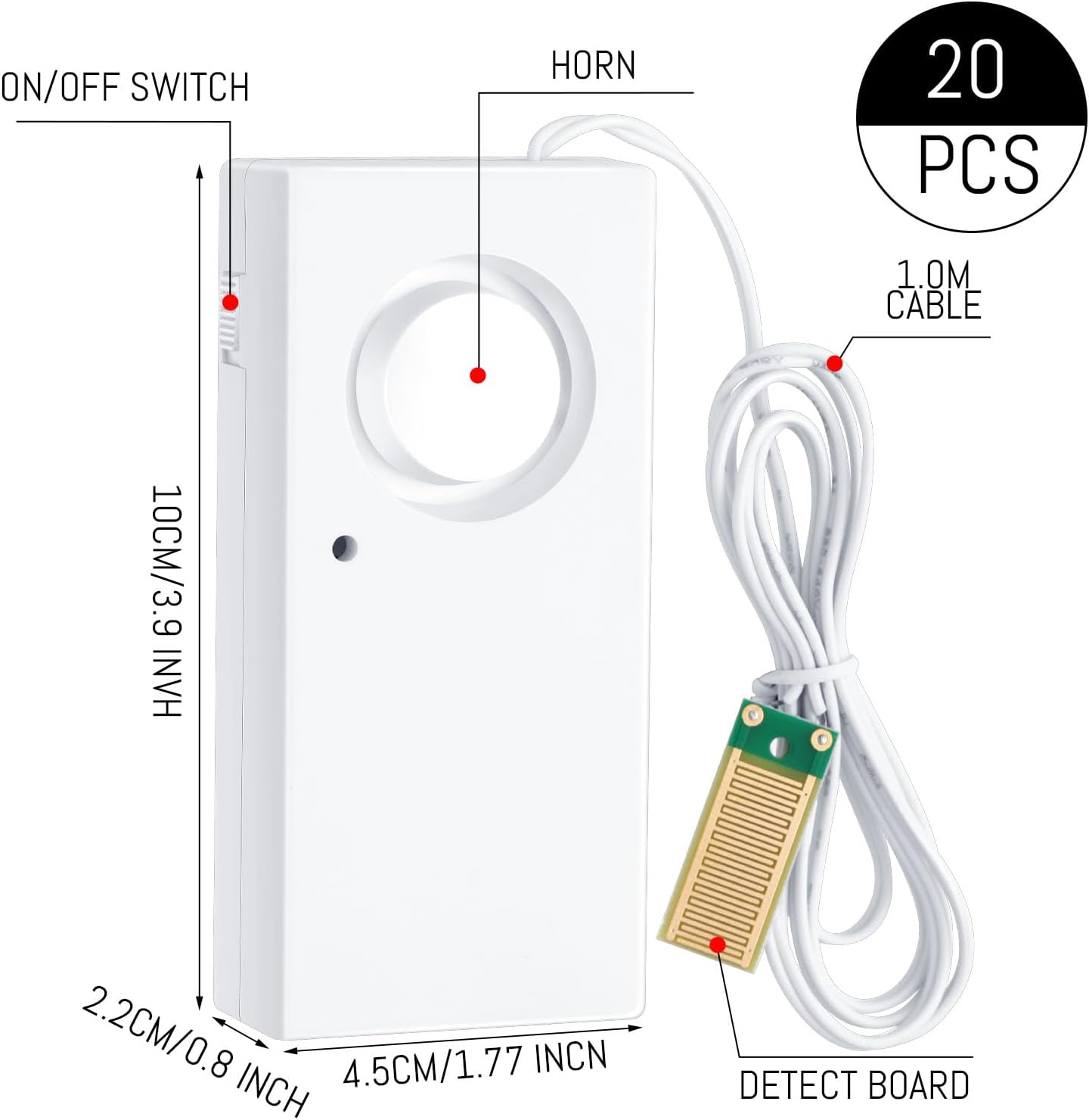 Hoteam 5 Pcs Water Sensor Alarm Leak Detector 120db Water Leak Alarm 9v Battery Flood Sensor Detector Overflow Security Alert for Home Basement Kitchen Garage Bath Tub Sink, White
