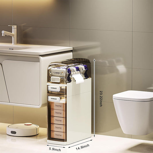 3-Tiers Slim Narrow Bathroom Storage Cabinet with Drawers, Waterproof Skinny Bathroom Storage Floor Cabinet with Tissue Box and Wheels for Small Spaces
