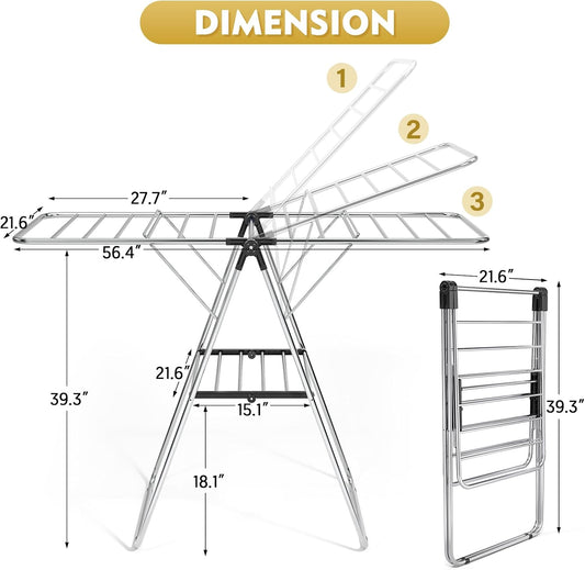 APEXCHASER Large Stainless Steel Clothes Drying Rack, Drying Rack Clothing with Height-Adjustable, Foldable Gullwings Laundry Rack, Indoor Outdoor Use, No Assembly,Black
