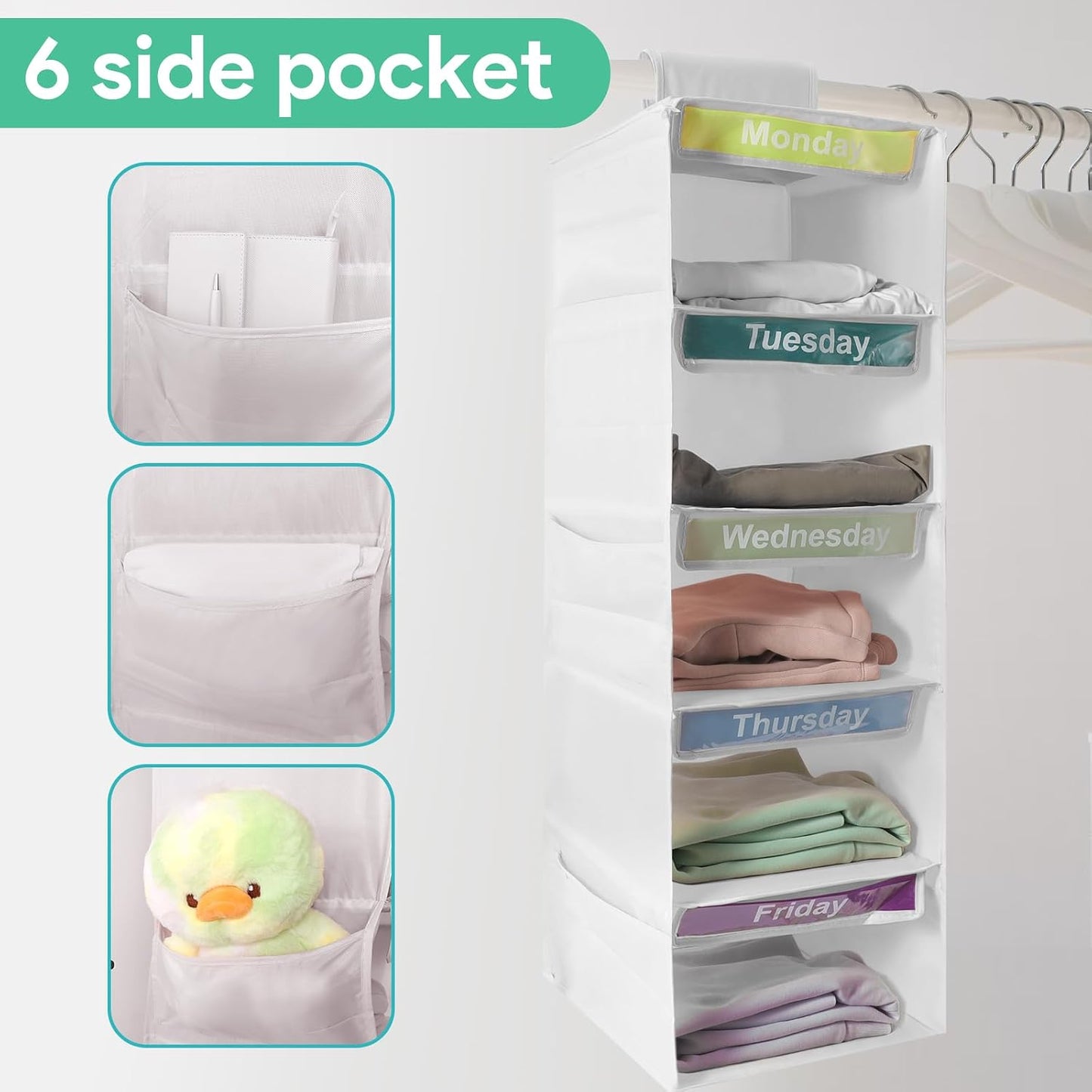 5-Shelf Weekly Clothes Organizer for Kids Days of The Week Hanging Storage Shelves Dorm Room Essential Daily Shelf Hanging Closet Organizer with 6 Side Pockets…