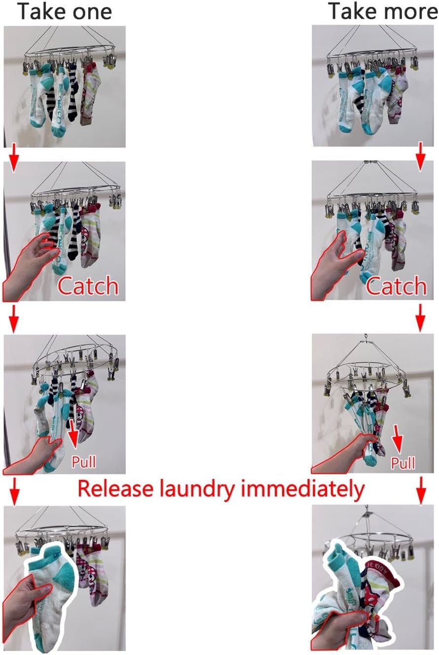 Quick Release Arc Stainless Steel Laundry Drying Rack with 8 Clips,Swivel Hook Wind-Proof Clothes Hanger Rack for Sock, Bras, Underwear, Laundry Accessories