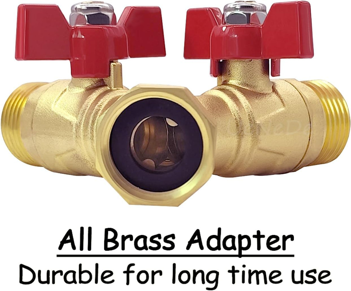 Uenede Brass Full Flow Garden Hose Splitter 3/4" GHT Heavy Duty 2 Way Y Valve Water Hose Shut Off Outdoor Faucet Splitter Connector Adapter with Long Handle