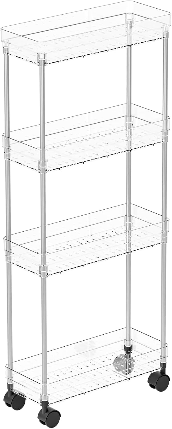 Yieach Clear 3 Tier Slim Rolling Storage Cart with Wheels,6.3″W Thin Shelf,Bathroom Storage Cabinet,Skinny Laundry Cart,Narrow Laundry Room Cart Between Washer and Dryer,Skinny Shelves for Small Space