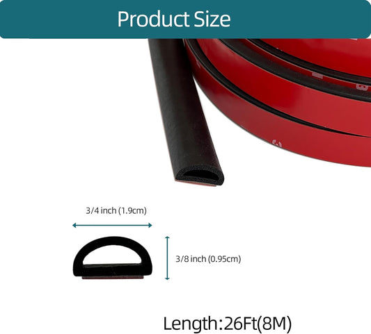 D Shape EPDM Foam Rubber Seal with Tape, Self-Adhesive Rubber Weather Stripping for Boat, Auto, RV, Marine, Garage Doors/Window and More, W:0.75"; H:0.375"; L:26Feet