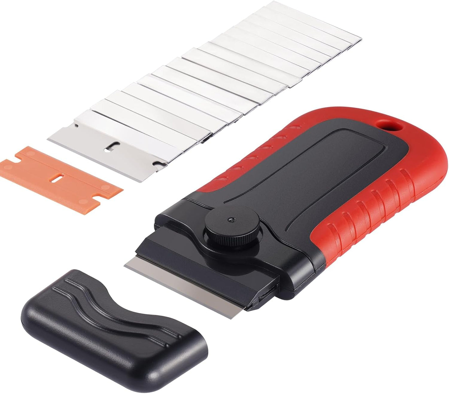 Happybuy Razor Blade Scraper, 15 Extra Blades, Locking Scraper Tool with Security Cap, Carbon Steel and POM Blades, for Cleaning Labels, Stickers, Decals, Paint from Glass Window Stovetop Cooktop Oven